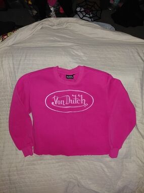 Von Dutch Hot Pink, with unique Logo Cropped Crewneck Sweatshirt